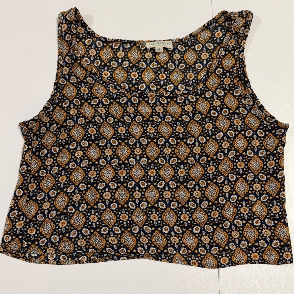 Paisley Festival Crop Tank Top‎ Small Navy Yellow Boho Geometric Cami Hippie
